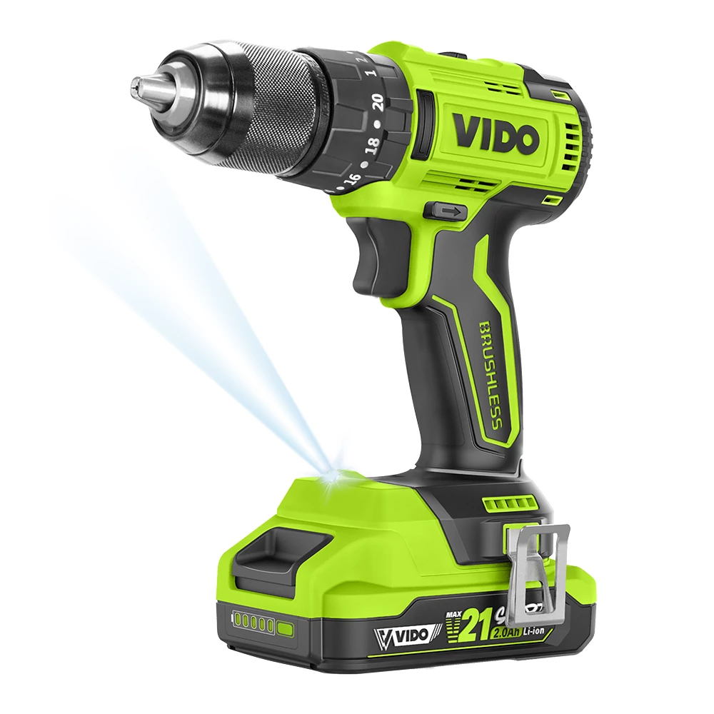 WD040210210 VIDO akkumulátoros, szénkefe nélküli ütvefúró 21V,  500/1850 RPM, 8400/31000 RPM, 2 db akkumulátor + 1 db töltő